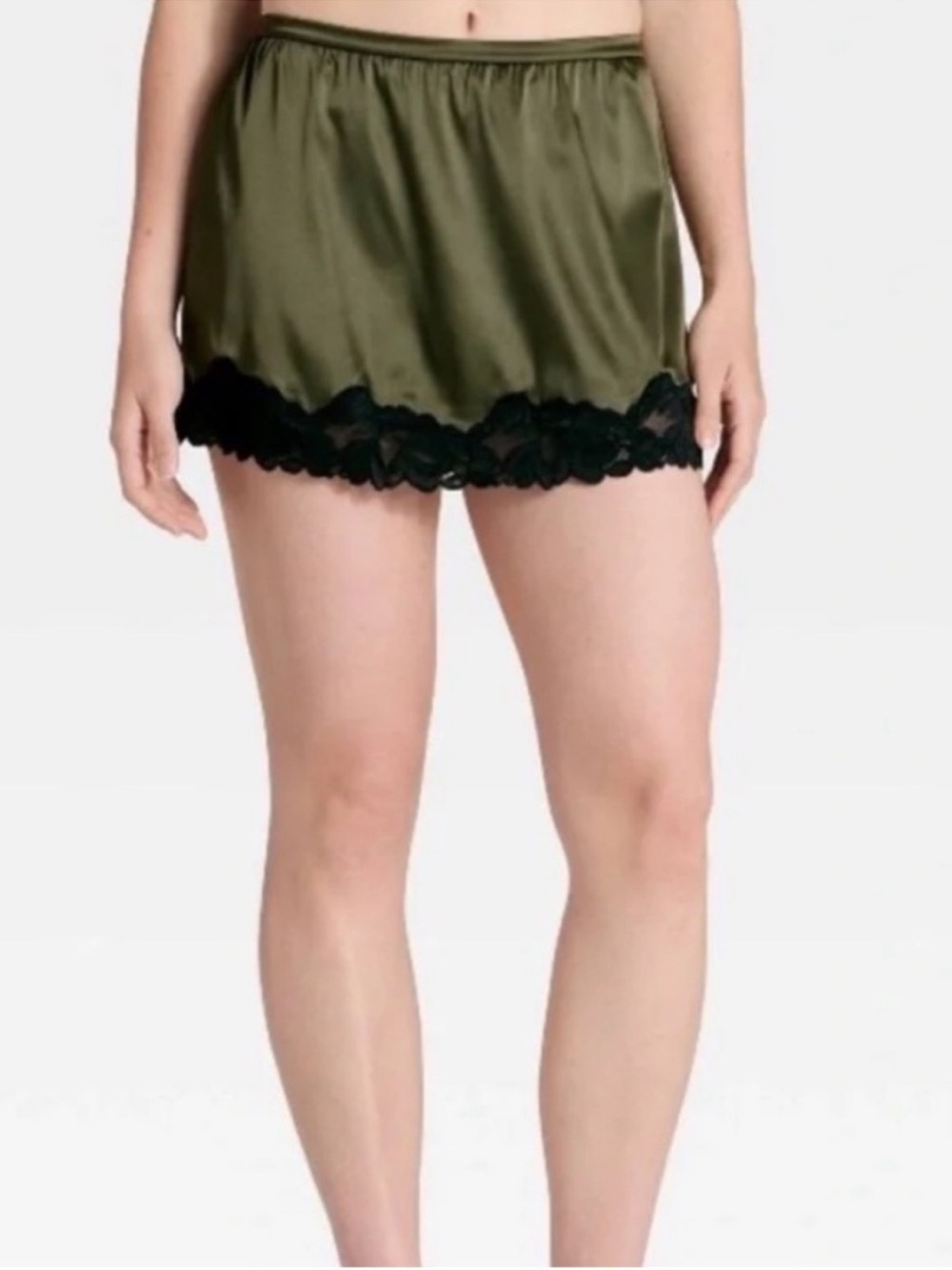 Auden Intimates Olive Green Satin Half Slip Black Lace Trim Mini Skirt XS NWT - Picture 7 of 7